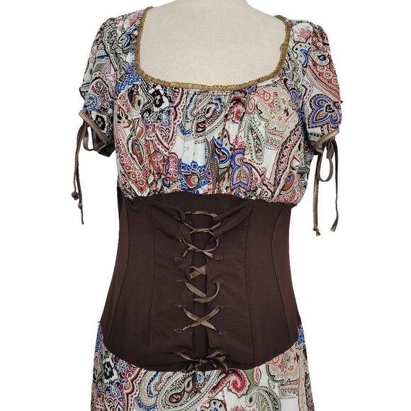 Vtg 90s Torrid Paisley Mesh Corset Dress Sz L/1X Brown Stretch Witchy Made USA - Picture 2 of 11